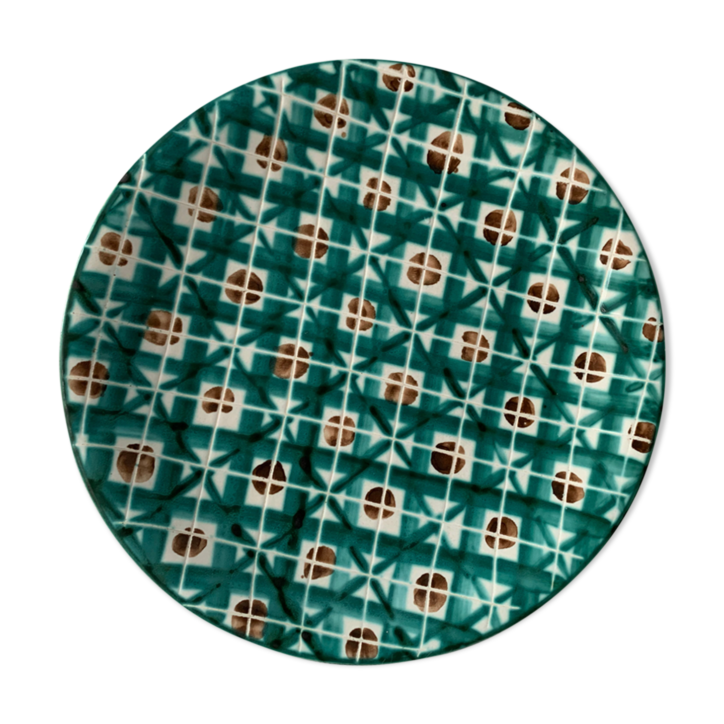 Green and red enamelled ceramic plate Robert Picault Vallauris 1960