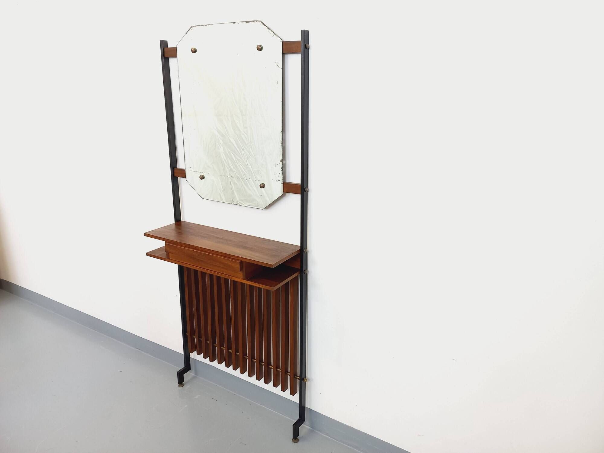 Vintage Italian hall cabinet with mirror and teak shelves