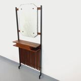Meuble d’entrée vestiaire italien vintage avec miroir, tablettes en teck