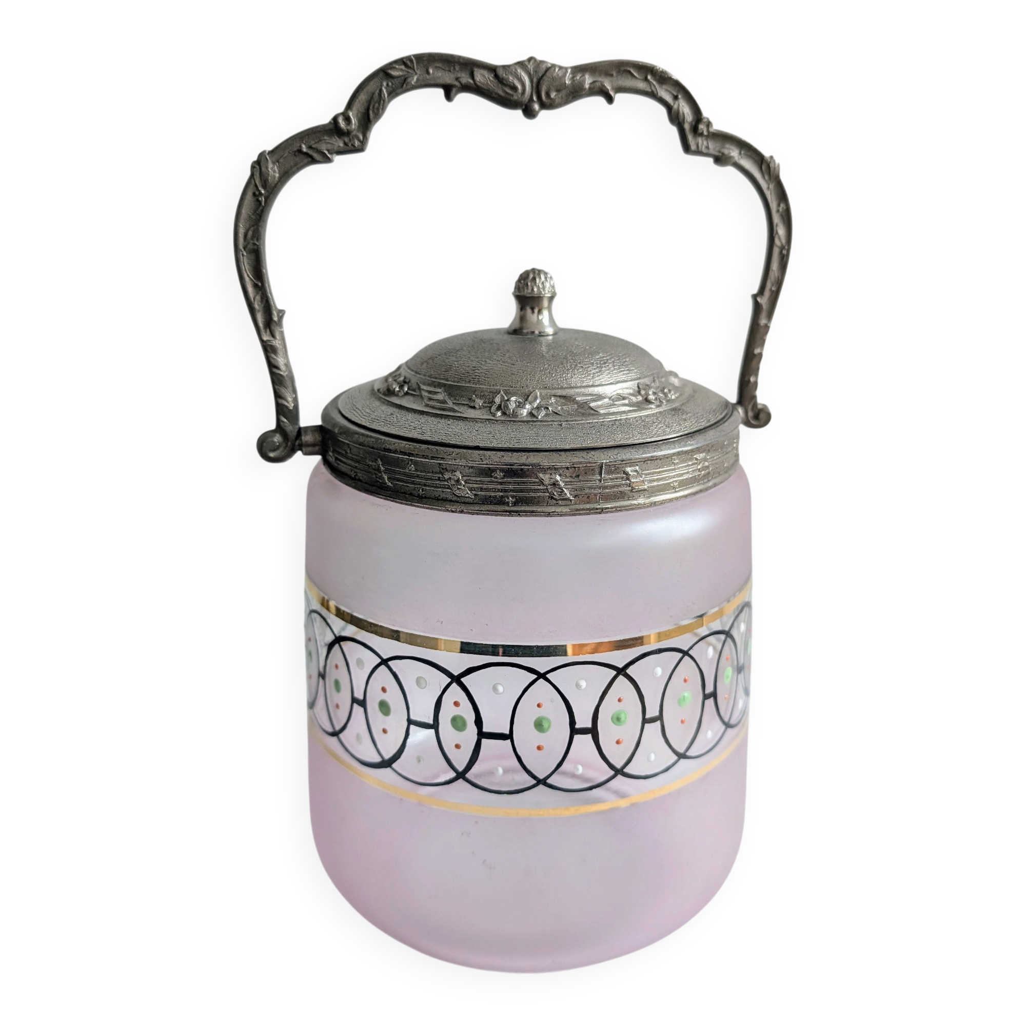 Antique glass bonbonnière in frosted violet with metal mount – Art Nouveau style