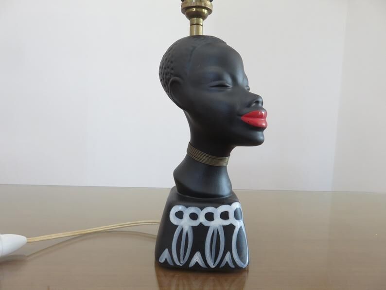 "African woman" lamp in matte black ceramic, 1950s-60s
