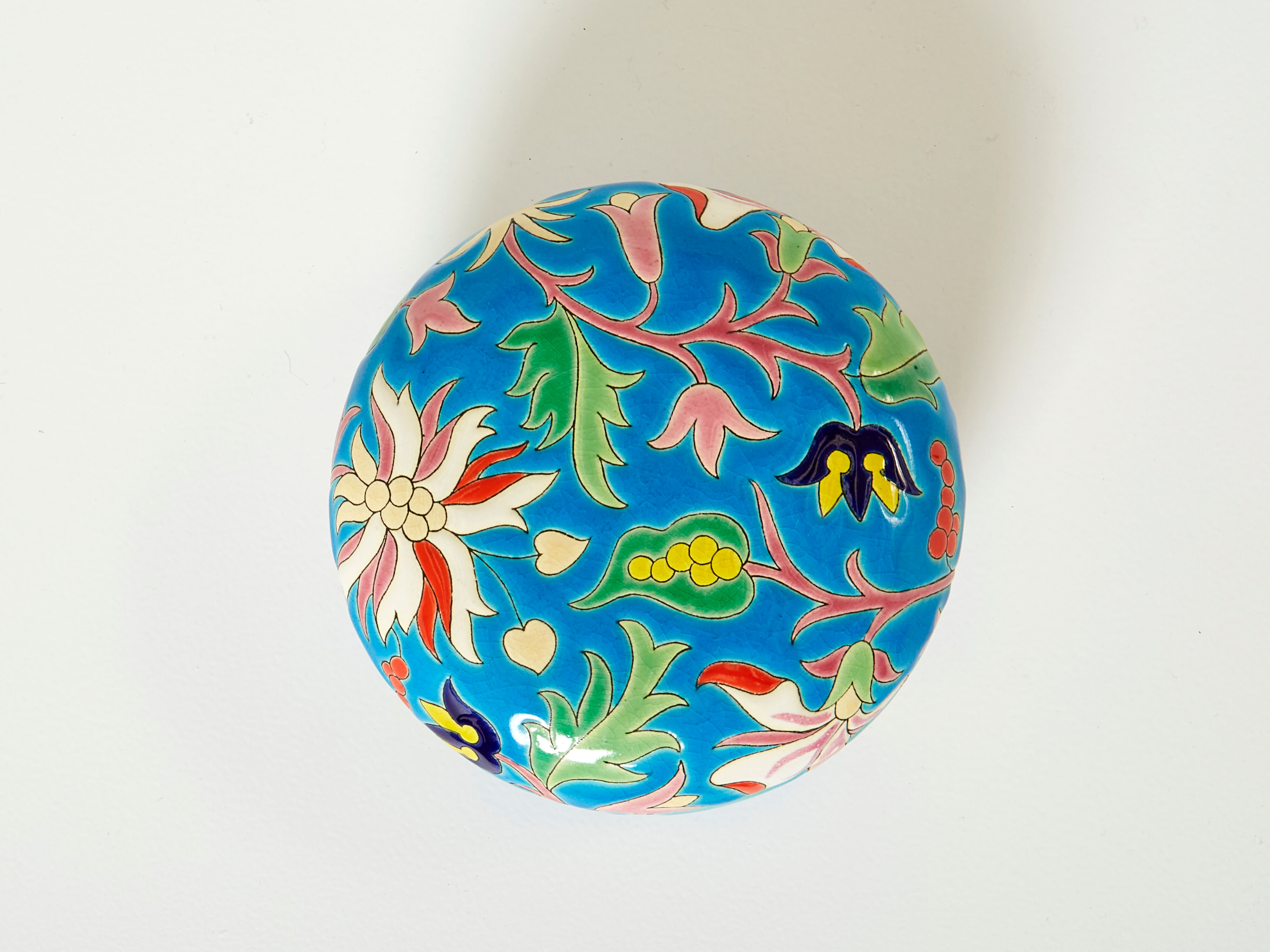 Large round box turquoise blue Art Deco Emaux de Longwy 1950