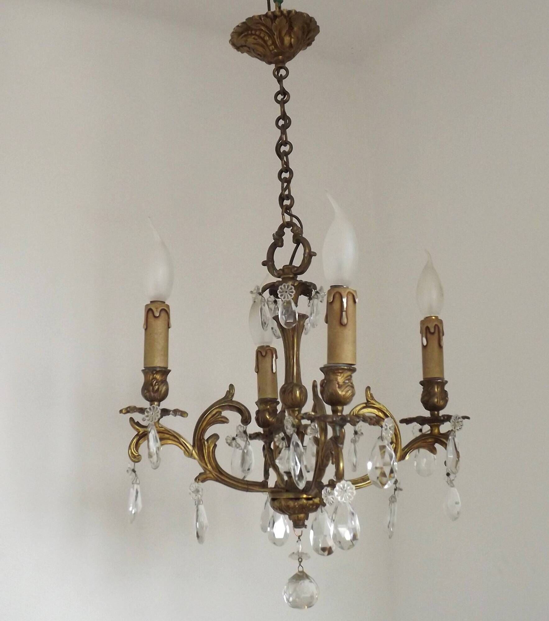French Vintage Bronze and Glass 4 Light Art Nouveau Crystal Chandelier