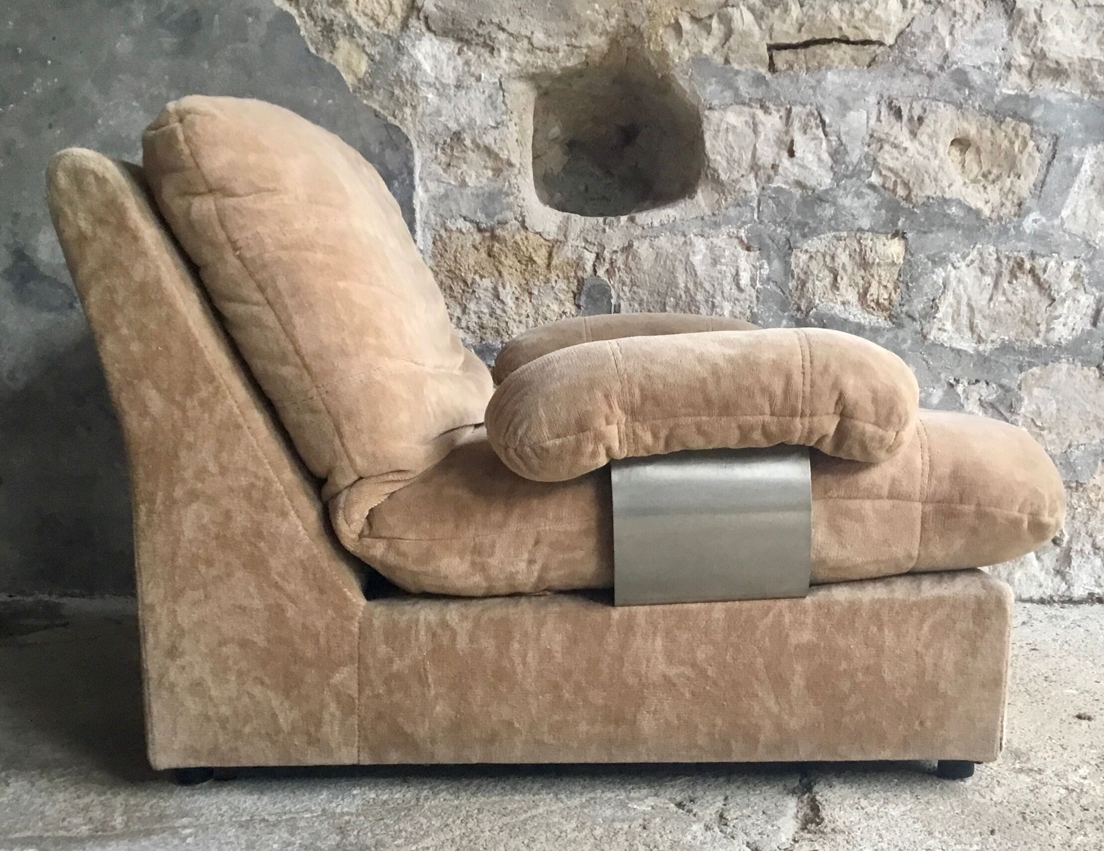 Space age armchair in velvet beigen armrests stainless steel 1970