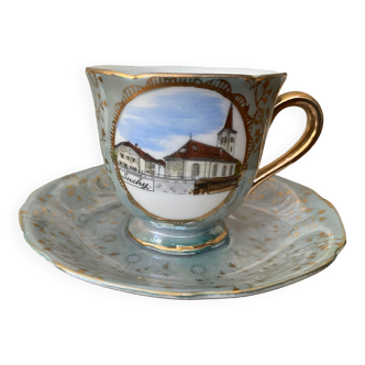 Small cup and its porcelain saucer gilded bluish decoration, Suchy medallion