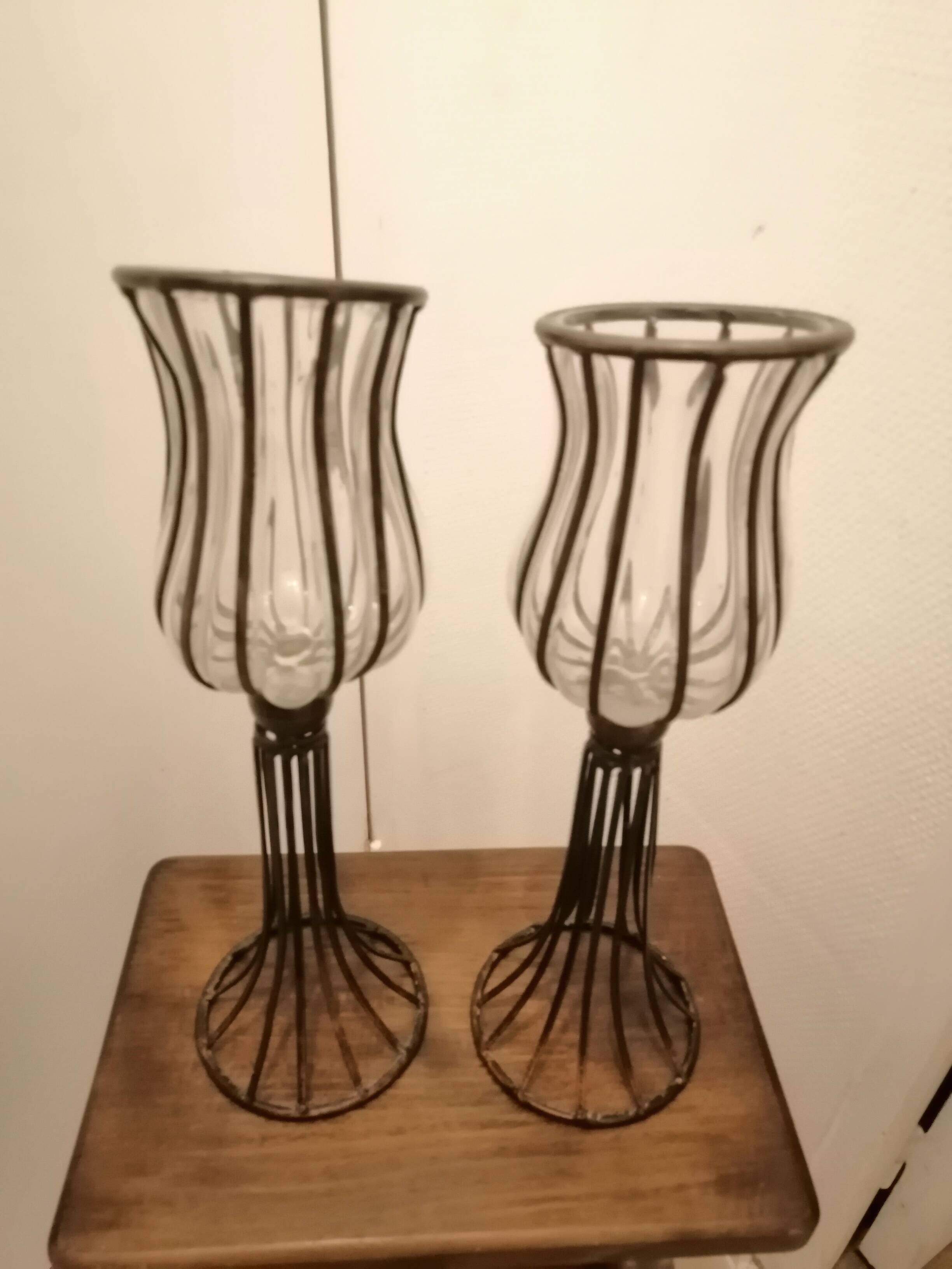 Pair of vintage/retro glass and metal vases
