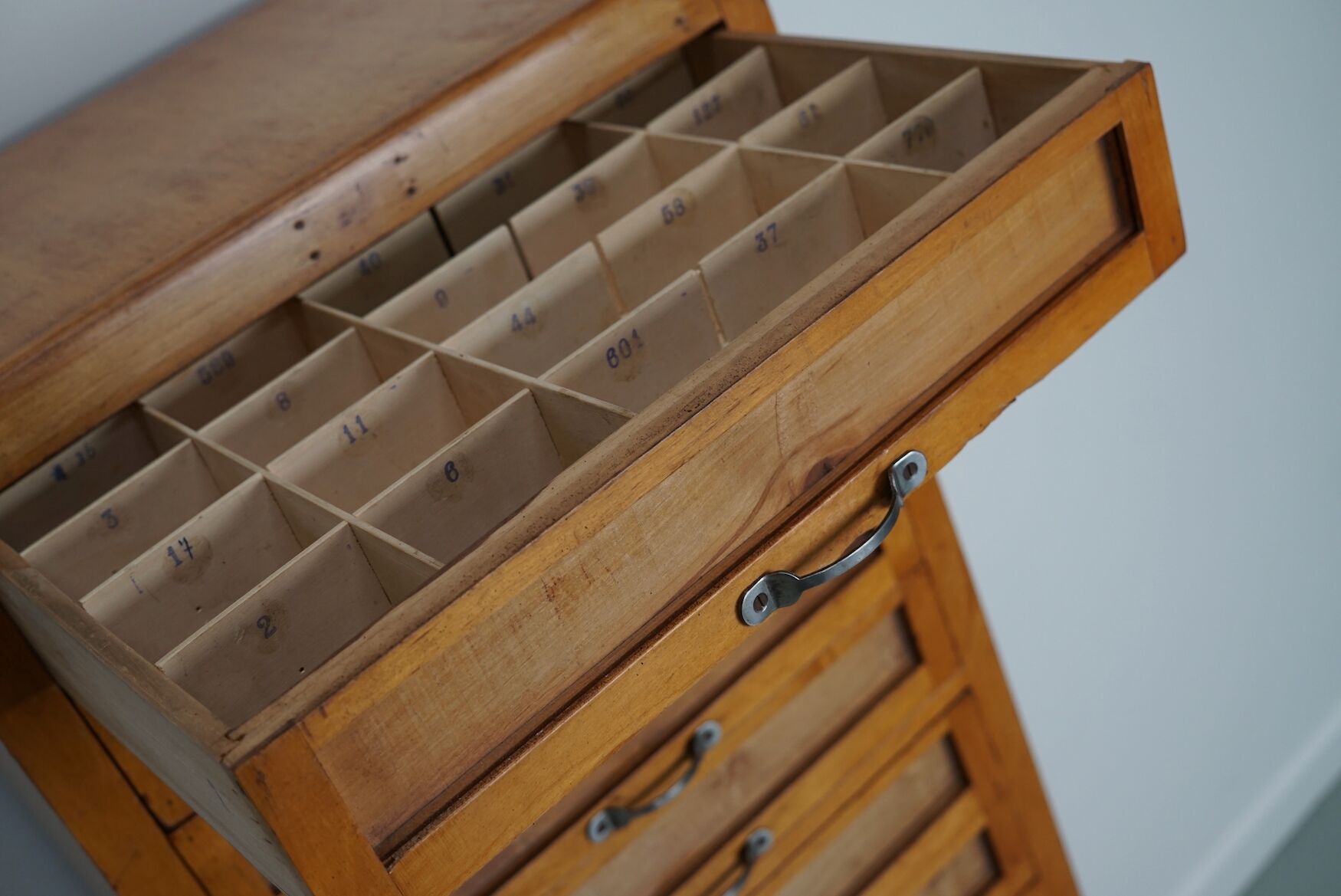 Vintage italian beech haberdashery shop cabinet, 1950s