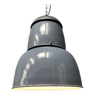 Grande lampe à suspension industrielle ancienne en émail bleu-gris