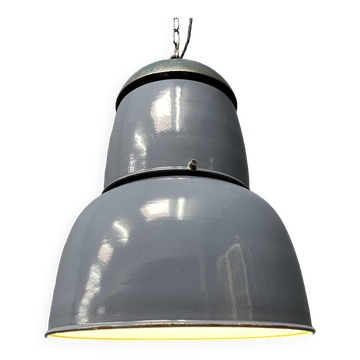 Grande lampe à suspension industrielle ancienne en émail bleu-gris