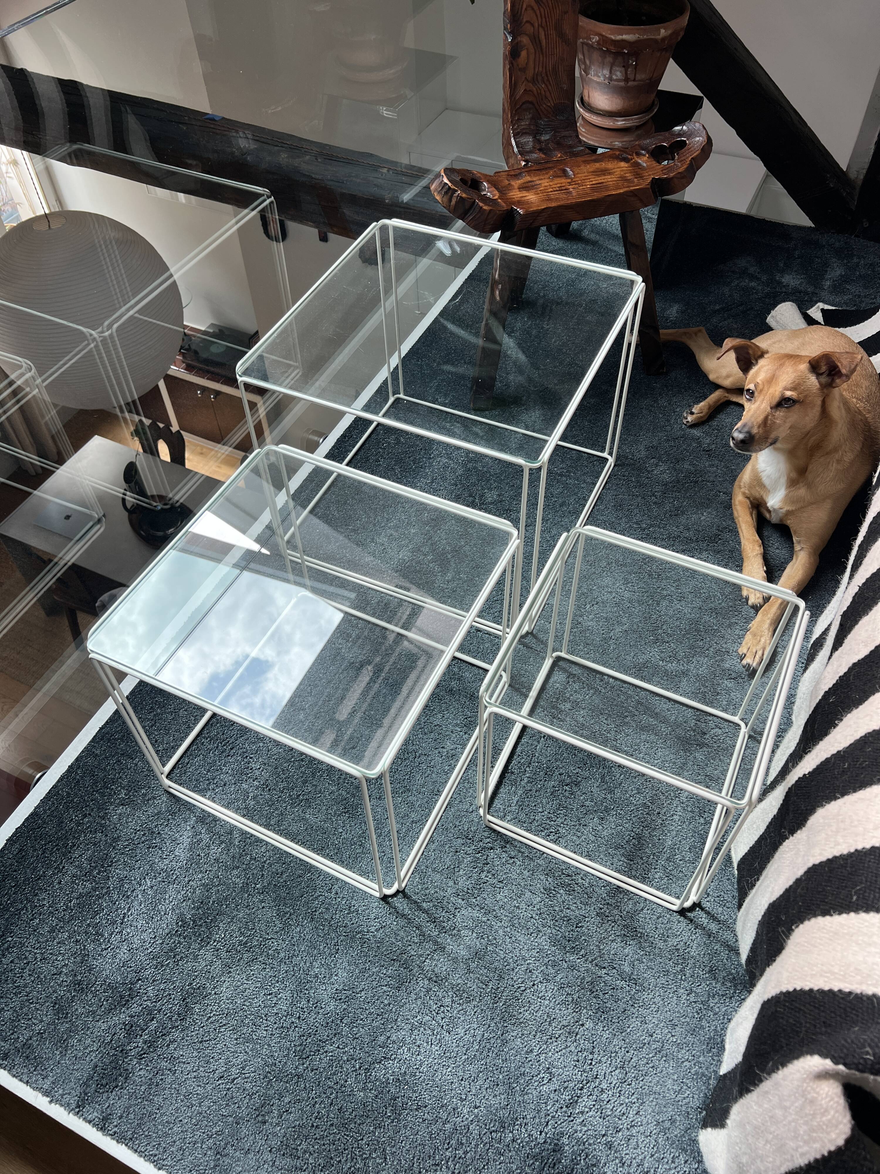 3 nesting tables by Max Sauze for Isocèle – 1970s – white metal & glass