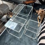 3 nesting tables by Max Sauze for Isocèle – 1970s – white metal & glass
