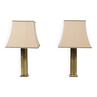 Pair of brass and wild silk lamps.