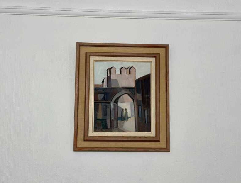 Original mid-century Swedish oil on canvas – “Entrance” by Reuben Hedin – vintage & framed – 55 × 63 cm