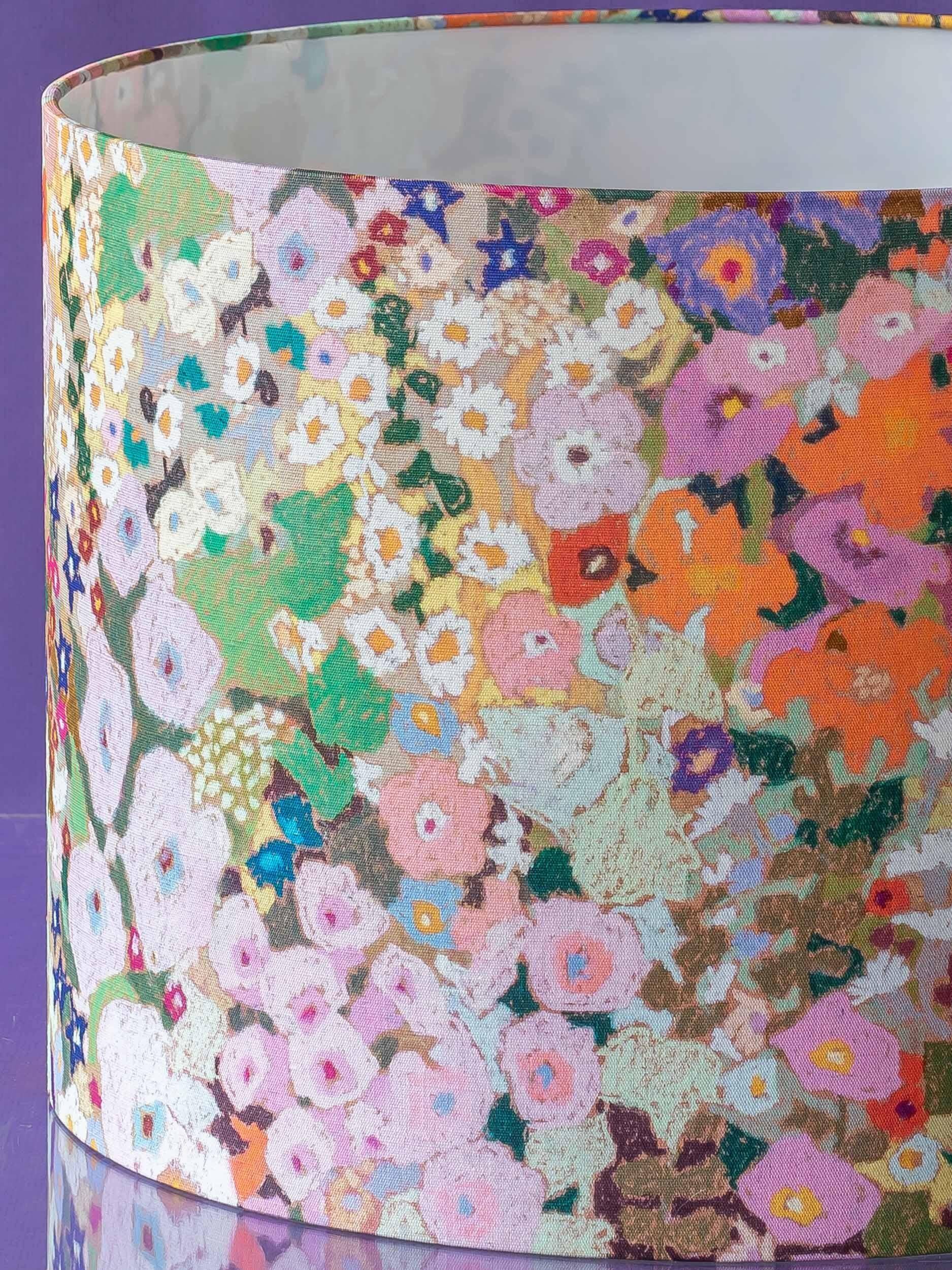 Large floral maximalist table lamp with a Delft ceramic base and new lampshade.