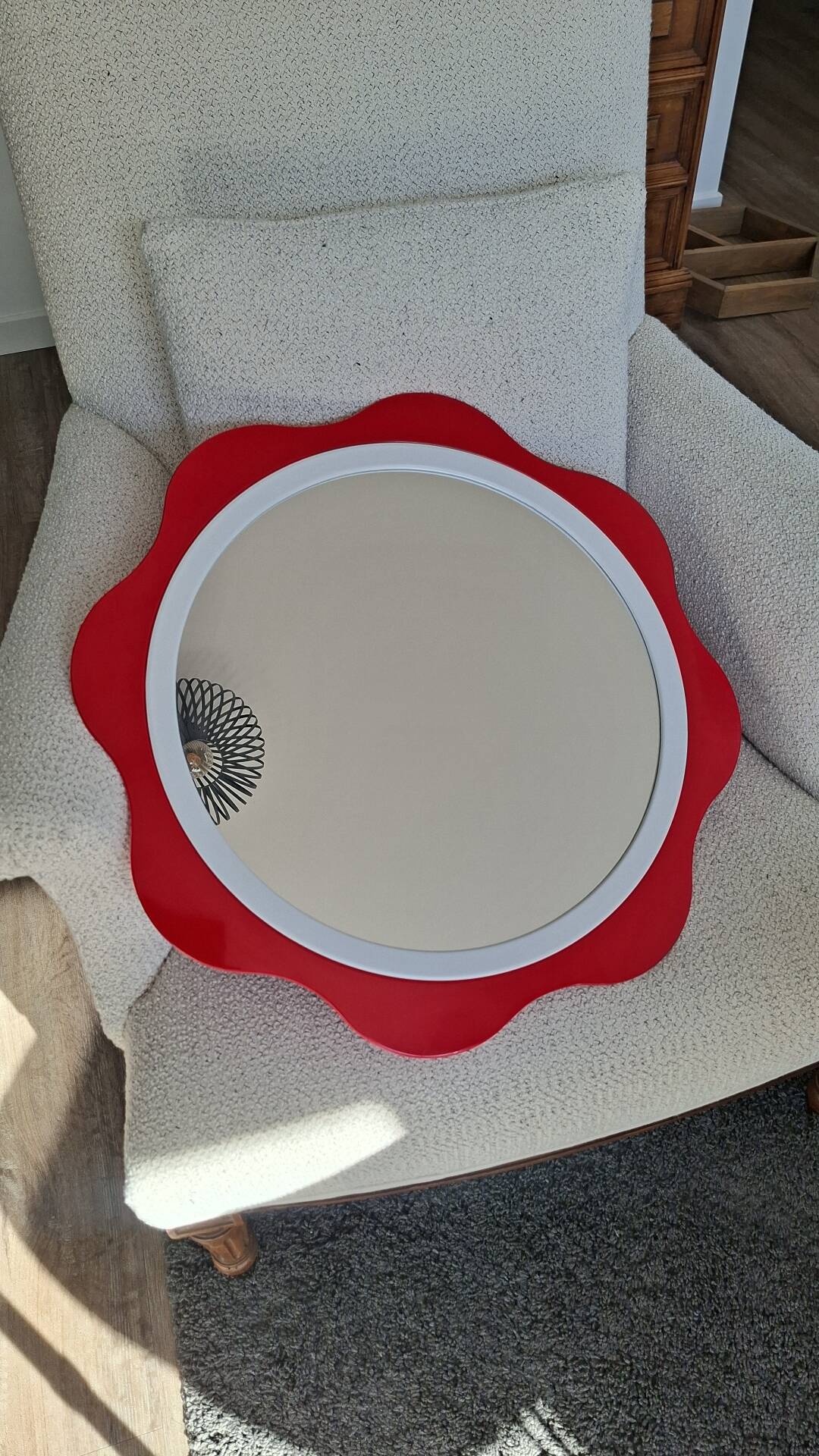 Round wall mirror 53 cm red/white vintage 1960s/70s
