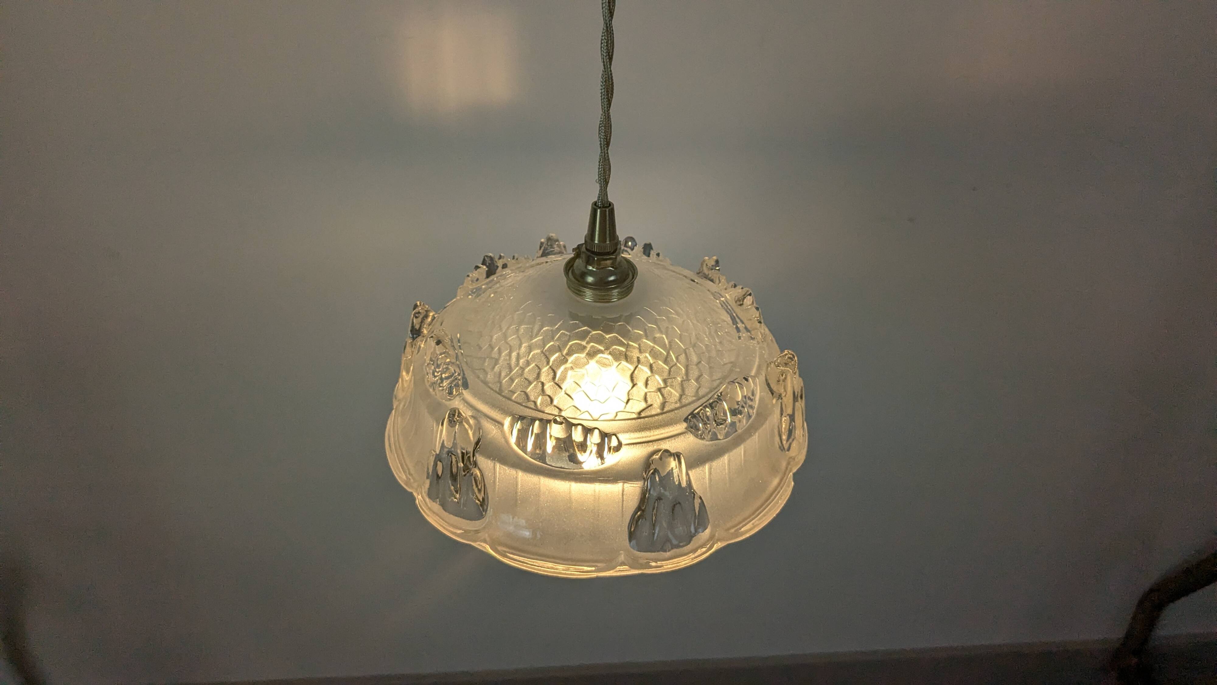 Vintage pendant light in molded glass and brass