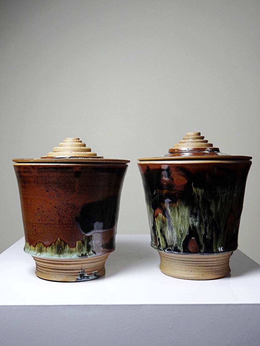 Pair of vintage 80s-90s Japanese-style stoneware pots, studio pottery, handcrafted and signed