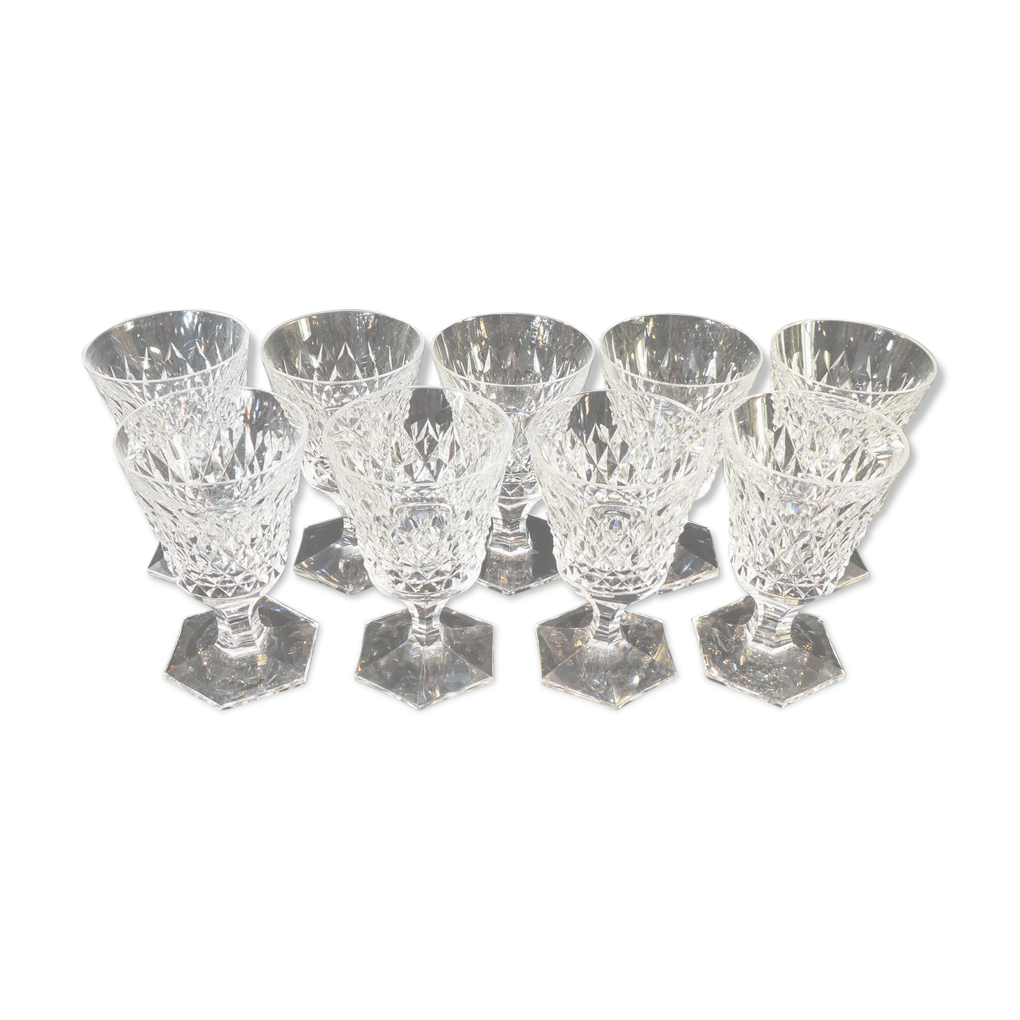 9 water glasses in crystal cut with diamond tip cristallerie de lorraine
