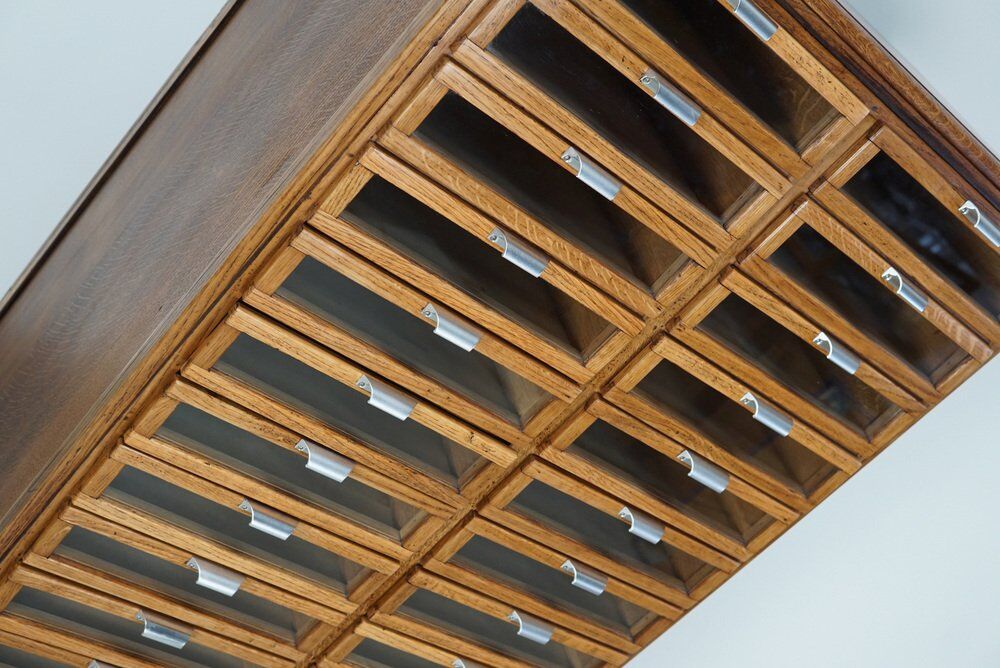 Vintage Dutch oak haberdashery shop cabinet, 1950s
