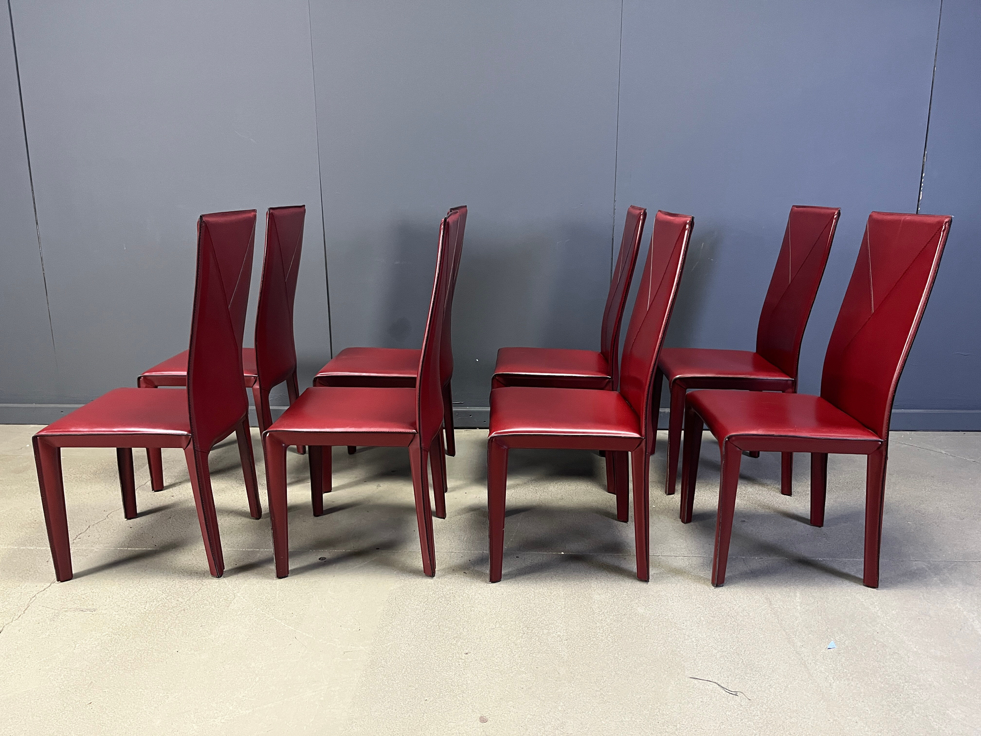 Red leather dining chairs by Roche Bobois France, 1980s - set of 8