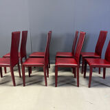 Red leather dining chairs by Roche Bobois France, 1980s - set of 8