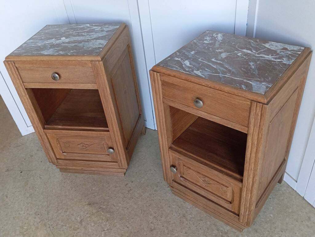 Pair of Art Deco bedside tables in solid oak