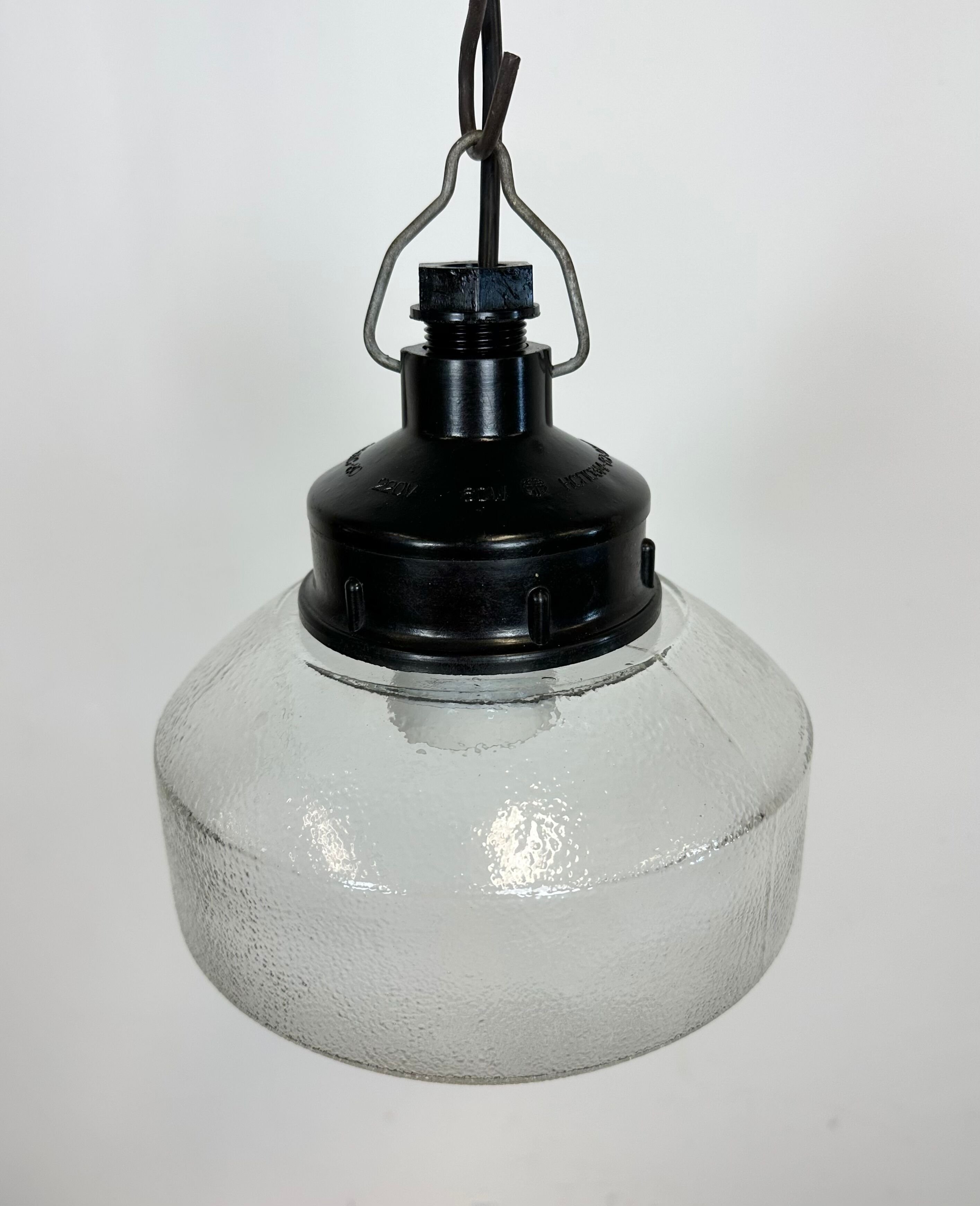 Industrial bakelite pendant light with frosted glass, 1970s