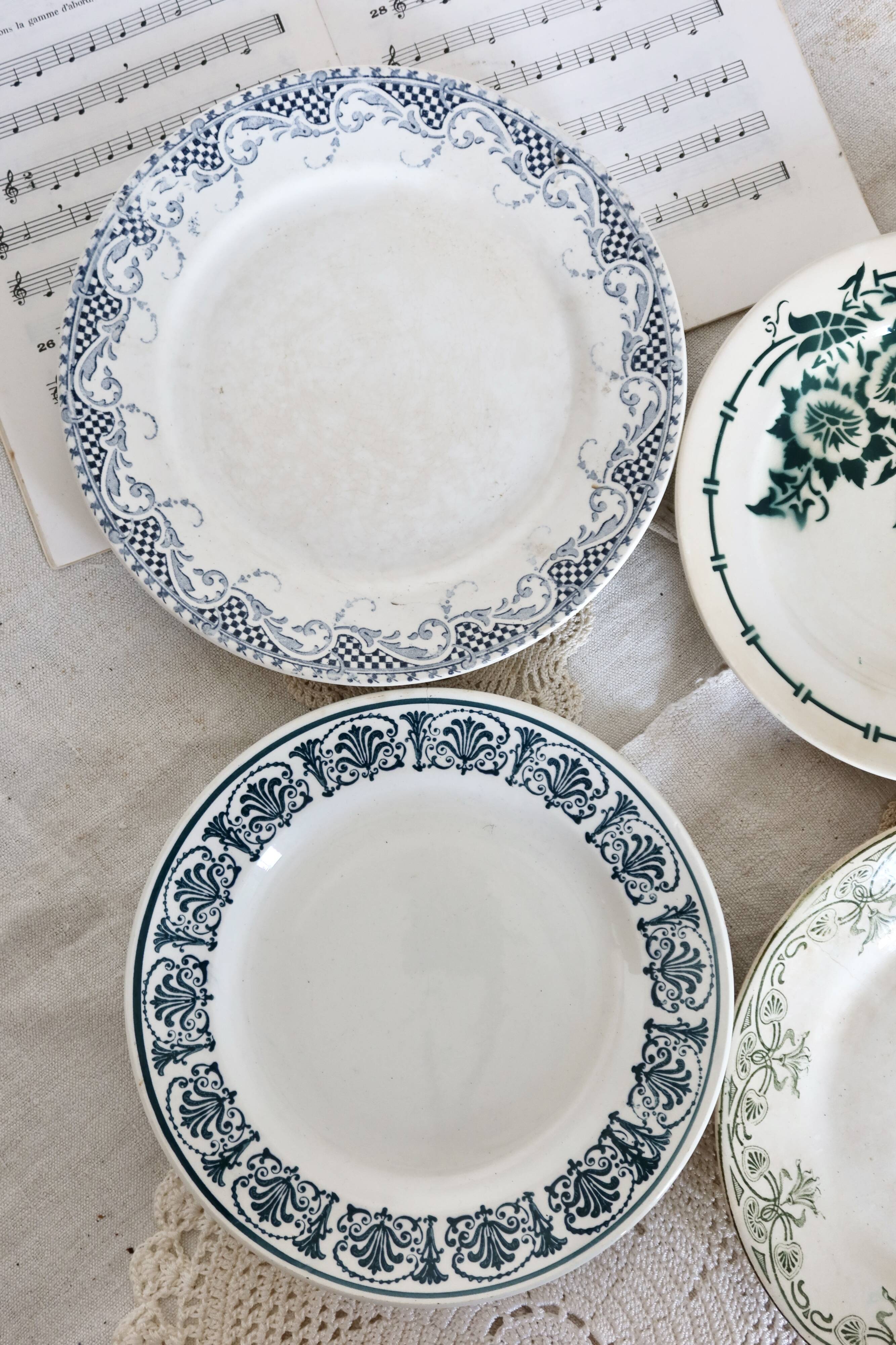 4 mismatched white and green ironstone dessert plates Arabesque set