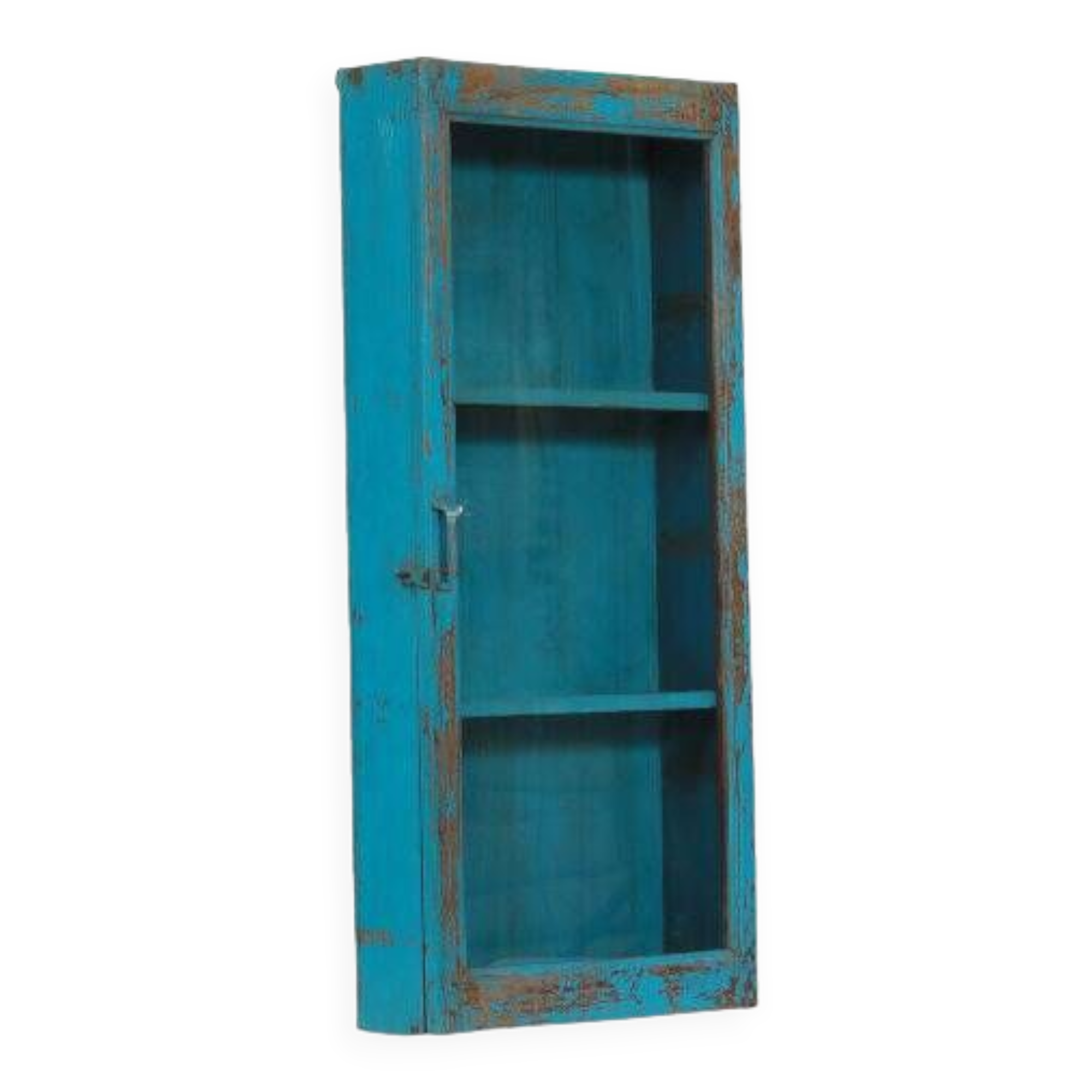 Vintage blue old teak wall display case patina and original piece from india