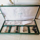 Coffret à Gâteaux Vintage avec 12 Fourchettes et 1 Pelle en Métal Argenté à Décor de Coquille