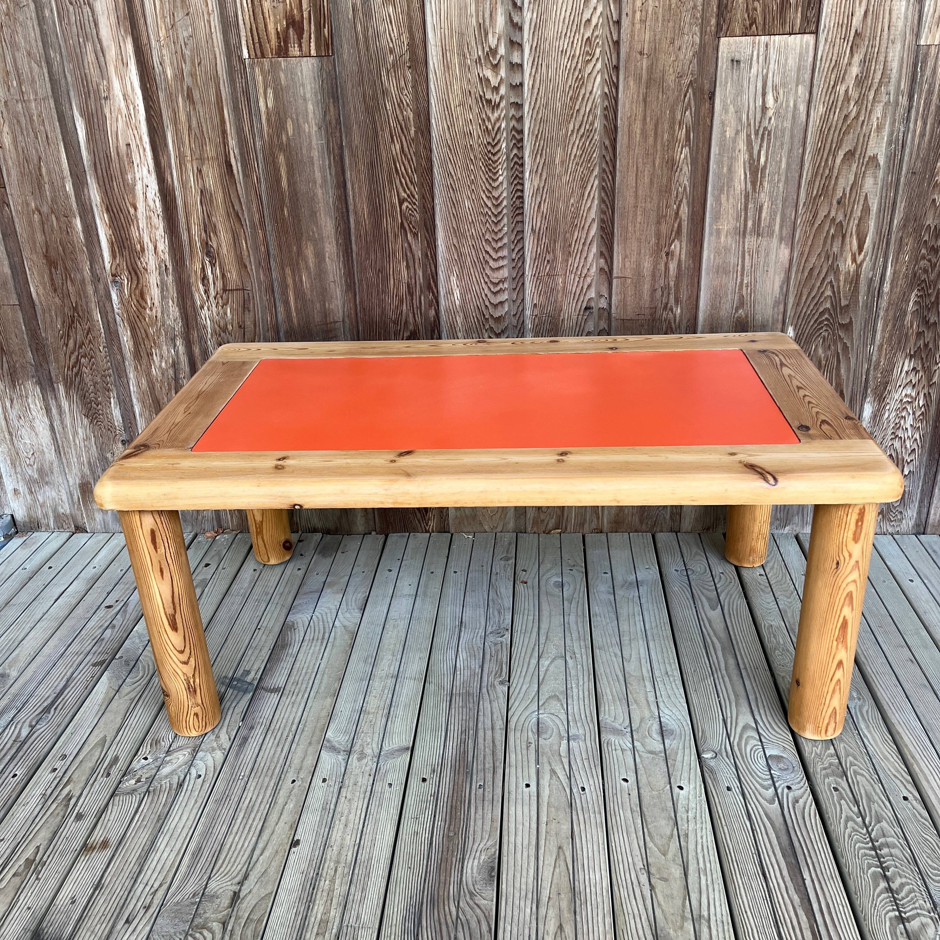 Modernist pine and orange lacquered coffee table, 1970s