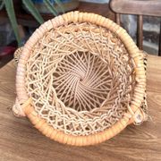 Miniature Peacock Chair Woven Rattan — Vintage Bohemian Plant Stand — 1970s