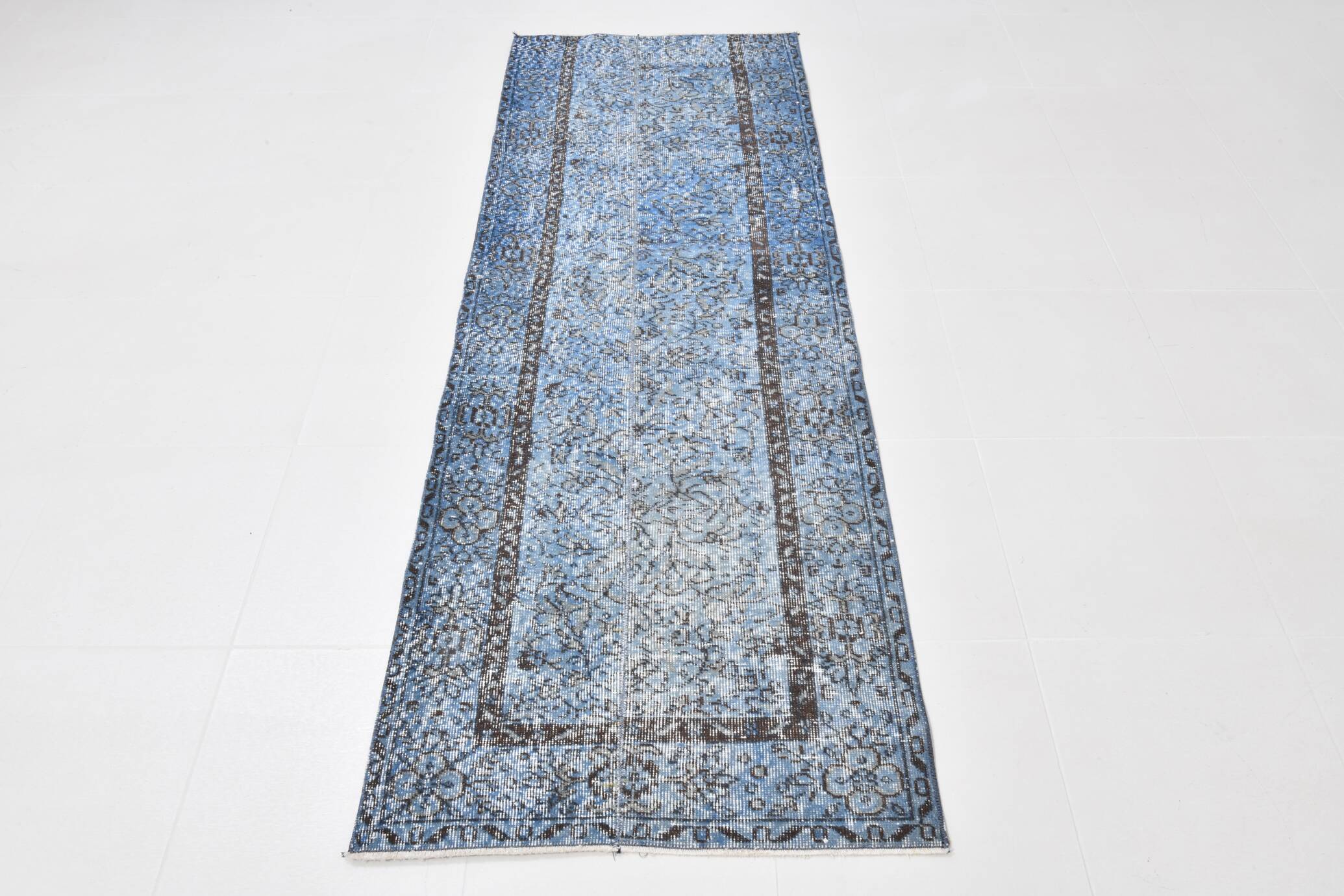 Tapis de couloir bleu vintage 3x7, fait main en laine, style turc, 78x218 cm