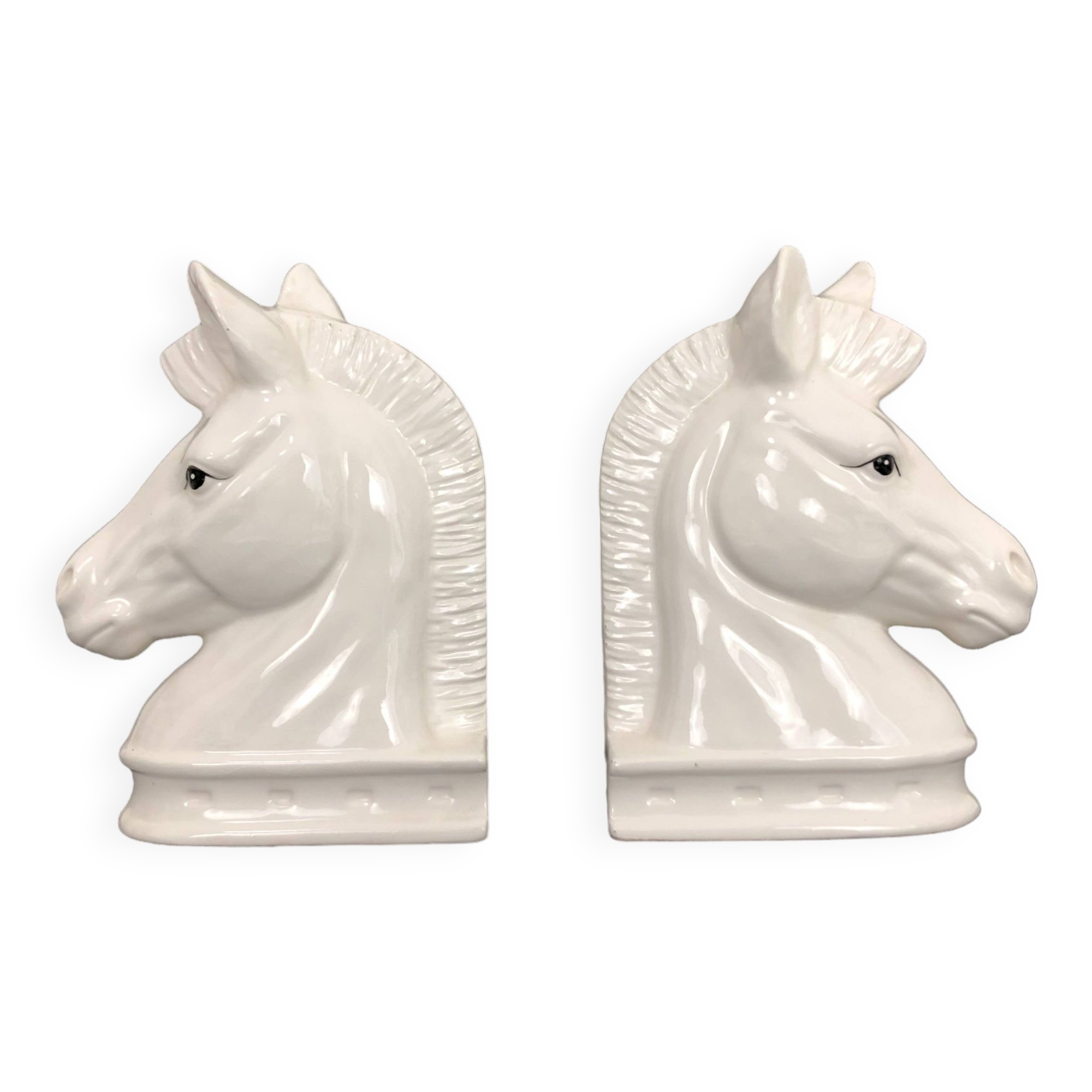 Pair of vintage white ceramic weighted horse bookends. 80 years