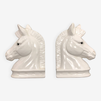 Pair of vintage white ceramic weighted horse bookends. 80 years