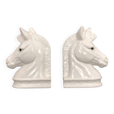 Pair of vintage white ceramic weighted horse bookends. 80 years
