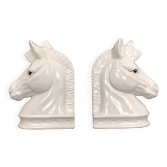 Pair of vintage white ceramic weighted horse bookends. 80 years
