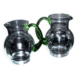 Set of 2 small blown glass wine pitchers - vintage green Alsatian balloon pitcher