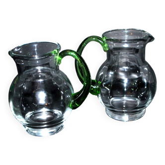 Set of 2 small blown glass wine pitchers - vintage green Alsatian balloon pitcher