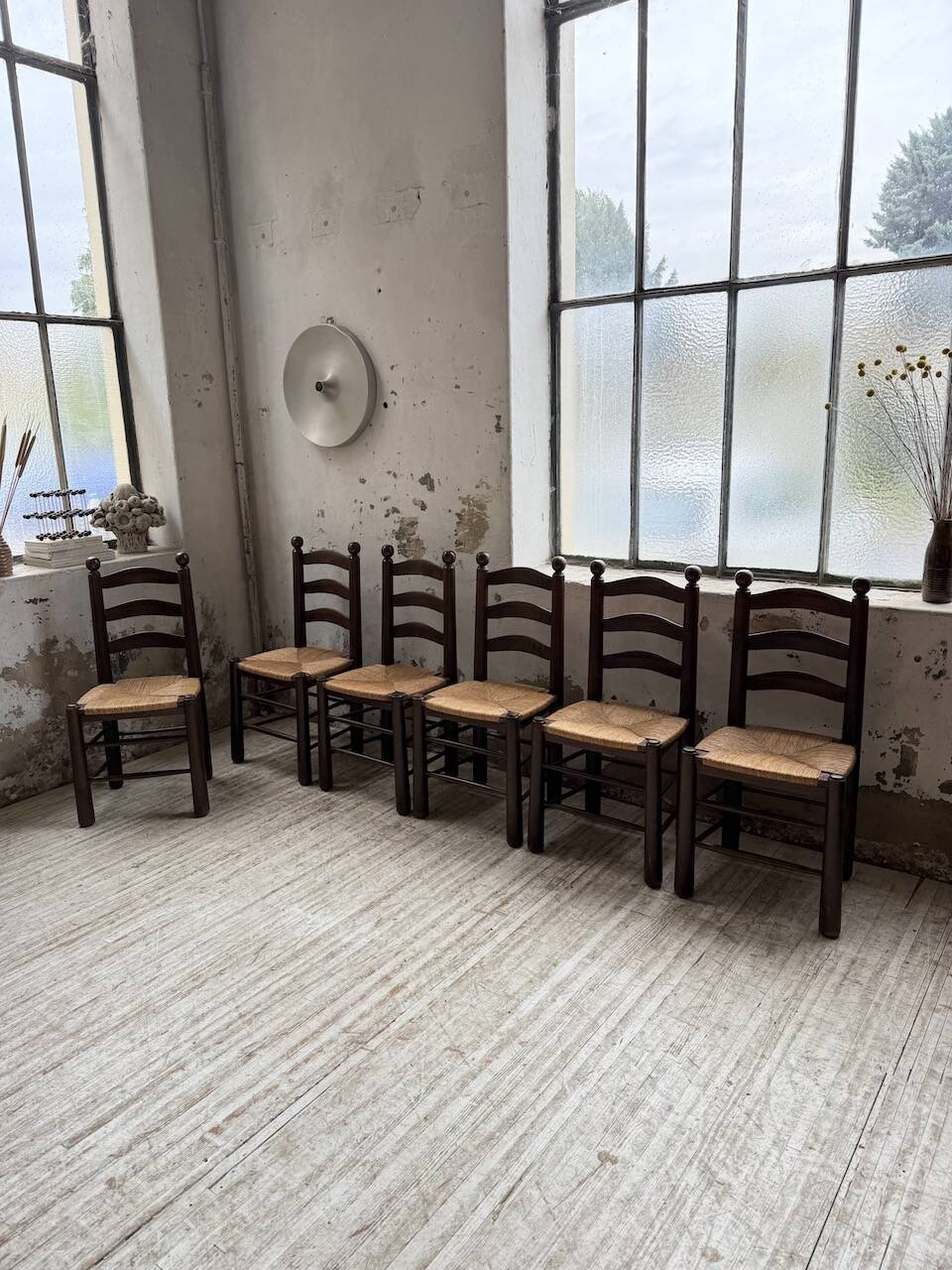 Straw chairs oak 1940s Dudouyt