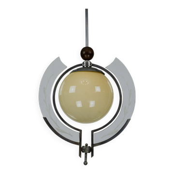 Lustre Art Déco italien des années 1930 avec verre gravé et globe ambre.