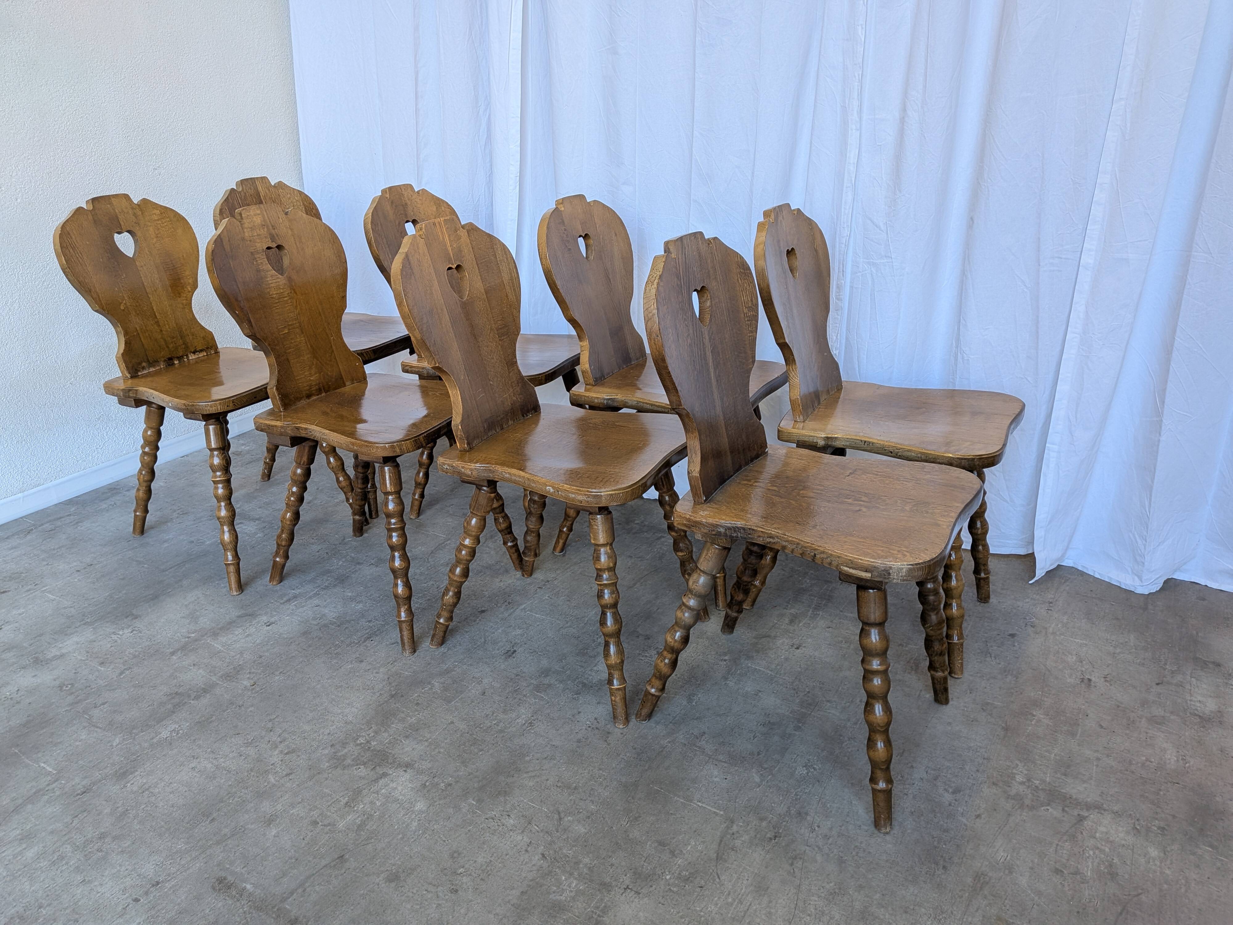 Set of 8 Vintage Tyrolean Heart Cutout Wooden Dining Chairs / Darker Brown