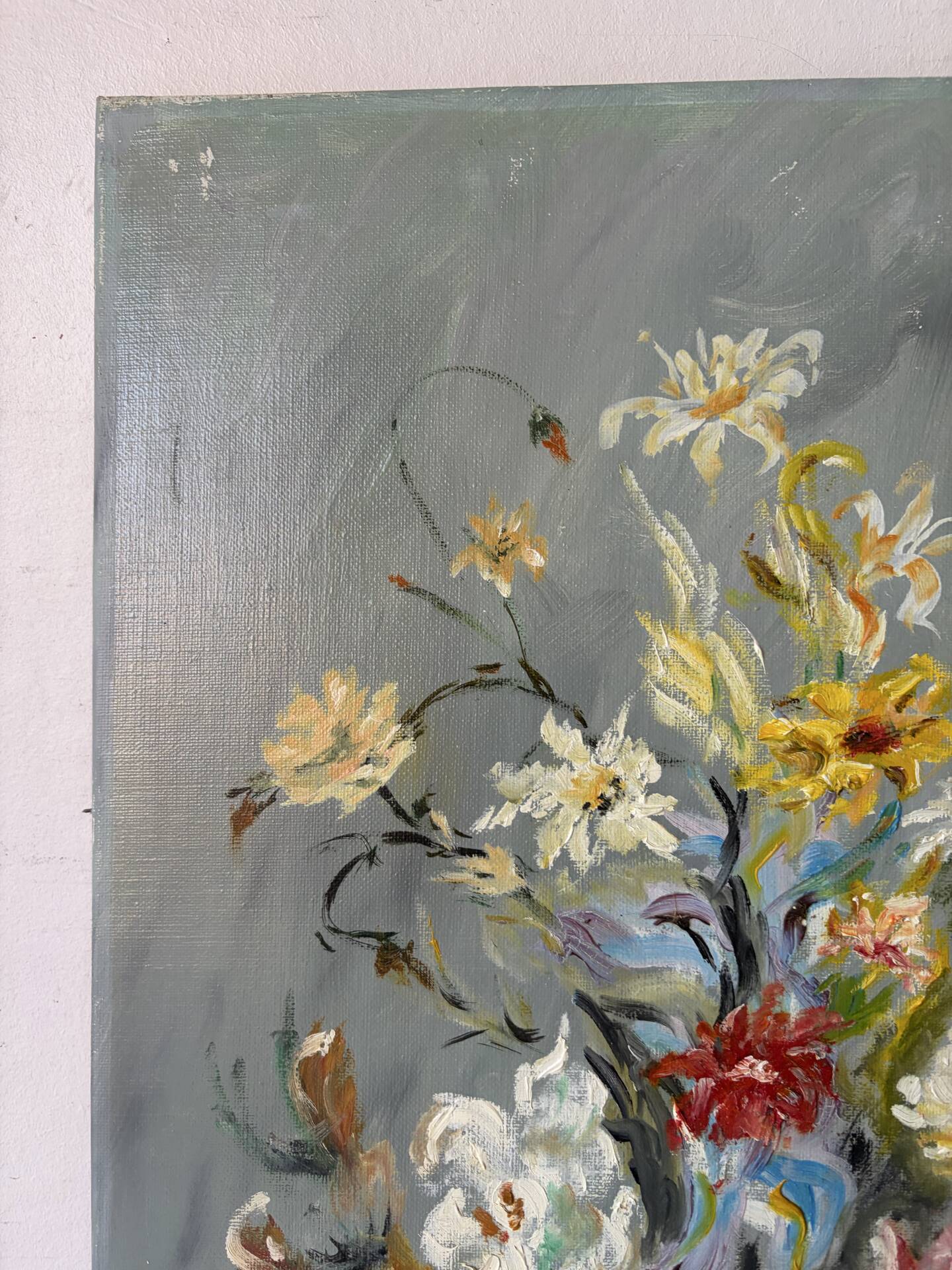 Bouquet in a blue vase, oil on canvas signed