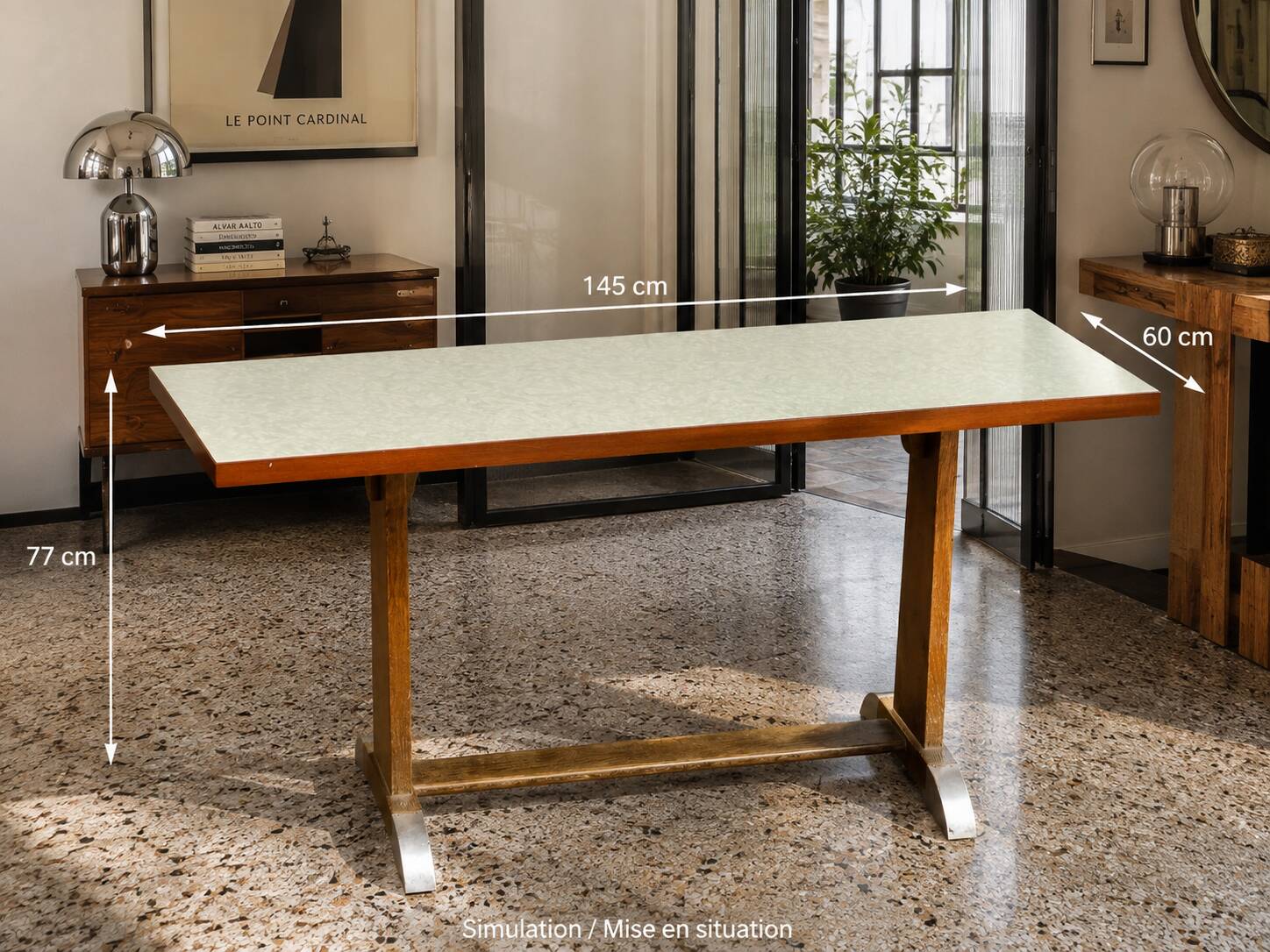 Art Deco dining table in oak with a pearlescent laminate top, 145x60 cm.