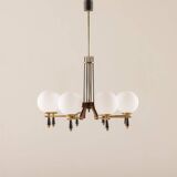 Italian mid-century chandelier in brass and teak, 1960s