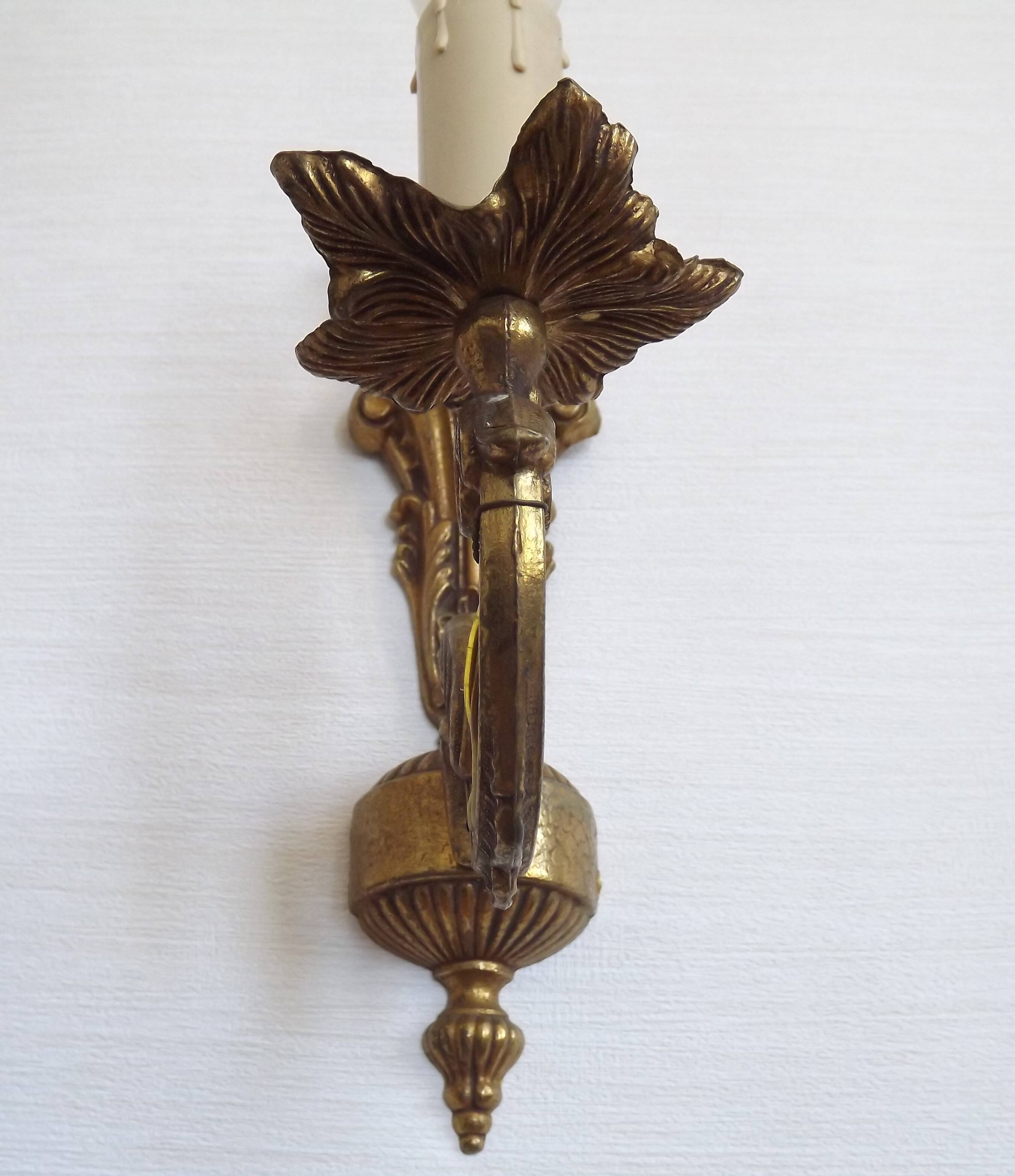 Pair French Gilt Bronze Single Wall Sconces Leaf & Feather Plume Detail