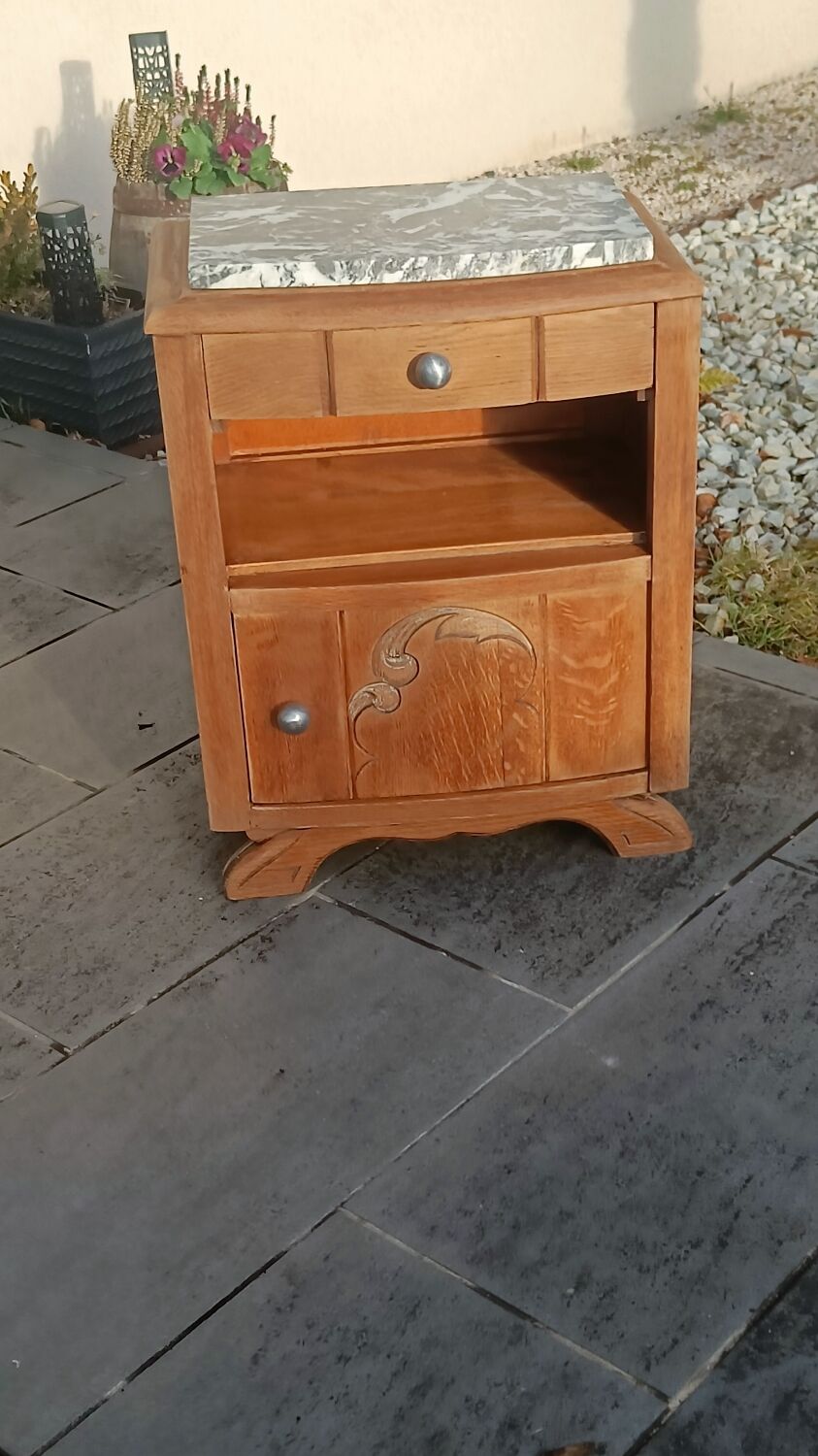 Solid oak bedside table with marble