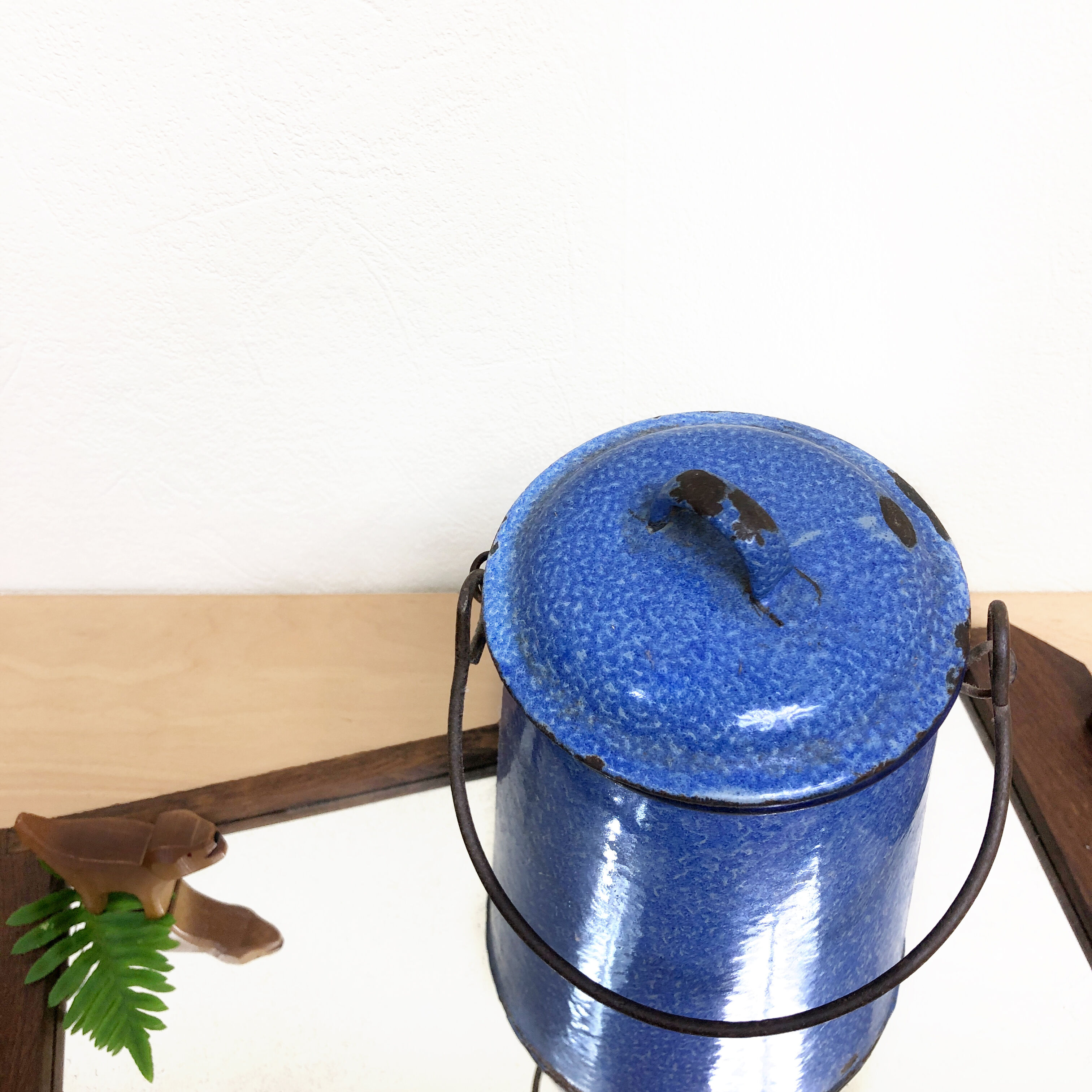 Blue enamelled milk pot