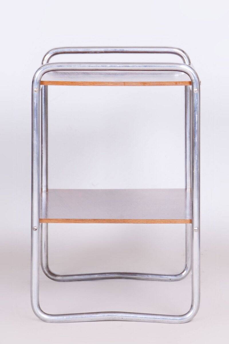 Table d'appoint Bauhaus tchèque en noyer et acier chromé, années 1930
