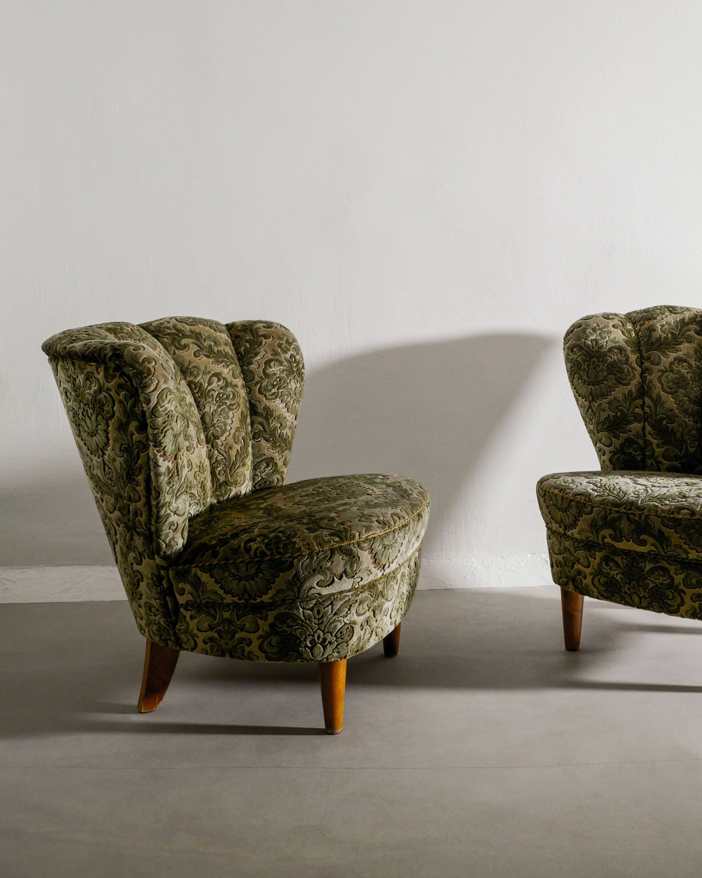 Vintage Swedish Modern Green Floweral Armchairs, 1940s